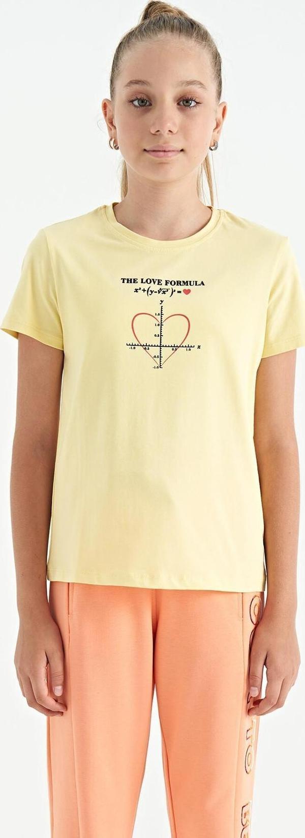 Sarı O Yaka Baskı Detaylı Rahat Kalıp Kız Çocuk T-Shirt - 75129 - Image 1