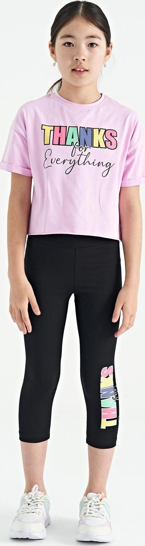 Pembe - Siyah Yazı Baskılı Oversize Kız Çocuk Crop Tayt Takım - 75133 - Image 1