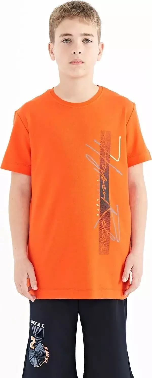 Portakal Yazı Baskılı O Yaka Standart Kalıp Erkek Çocuk T-Shirt - 11119 - Image 1