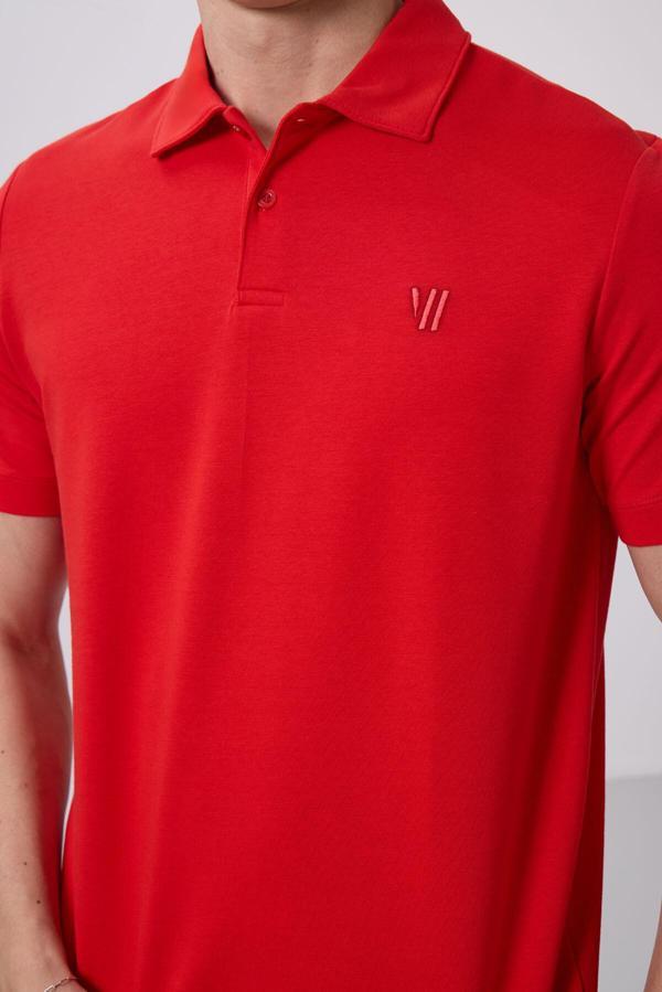 Kırmızı Basic Göğüs Logolu Standart Kalıp Triko Polo Yaka Erkek T-Shirt - 87768 - Image 1