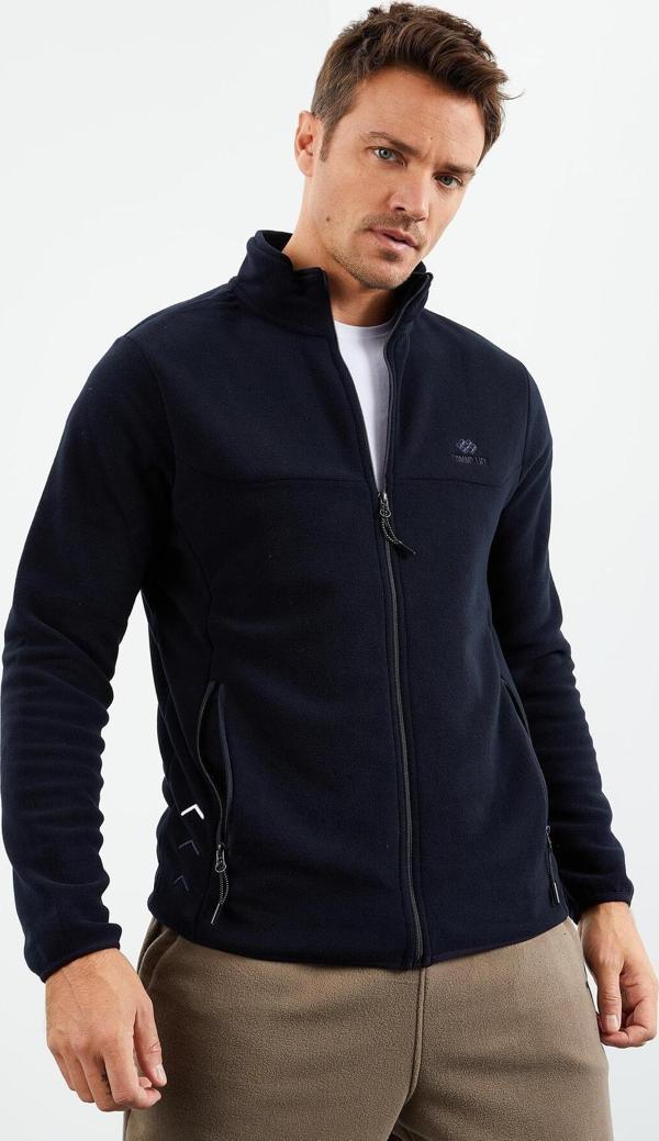 Lacivert Fermuarlı Sweatshirt Slim Fit Dik Yaka Erkek Polar - 87270 - Image 1