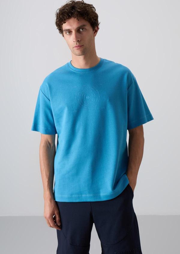 Petrol Mavi Pamuklu Kalın Yumuşak Dokulu Oversize Fit Baskılı Erkek T-Shirt - 88324 - Image 1