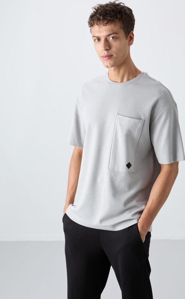 Taş Pamuklu Kalın Yüzeyi Dokulu Oversize Fit Basic Erkek T-Shirt - 88341 - Image 1
