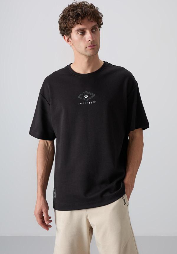 Siyah Pamuklu Kalın Yumuşak Dokulu Oversize Fit Baskılı Erkek T-Shirt - 88325 - Image 1