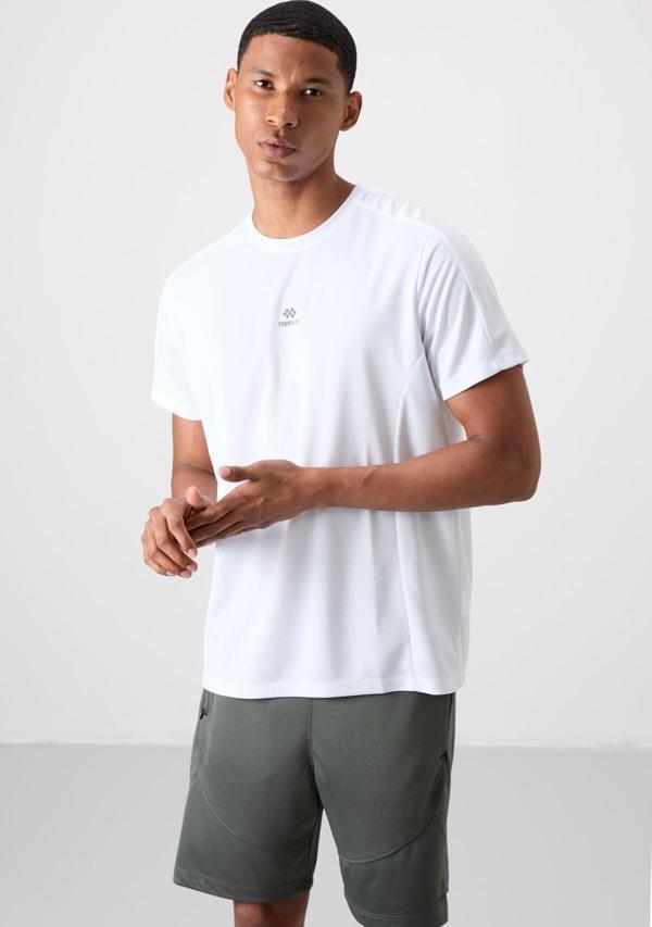 Beyaz Polyester Nefes Alan Dokulu İnce Esnek Standart Fit Erkek Performans T-Shirt - 88390 - Image 1