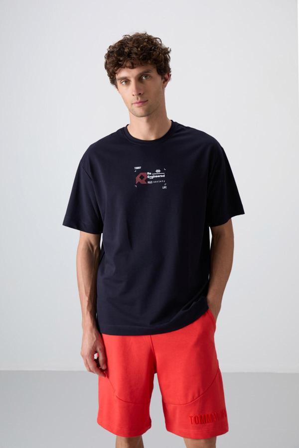 Lacivert Pamuklu Kalın Yumuşak Dokulu Oversize Fit Baskılı Erkek T-Shirt - 88350 - Image 1