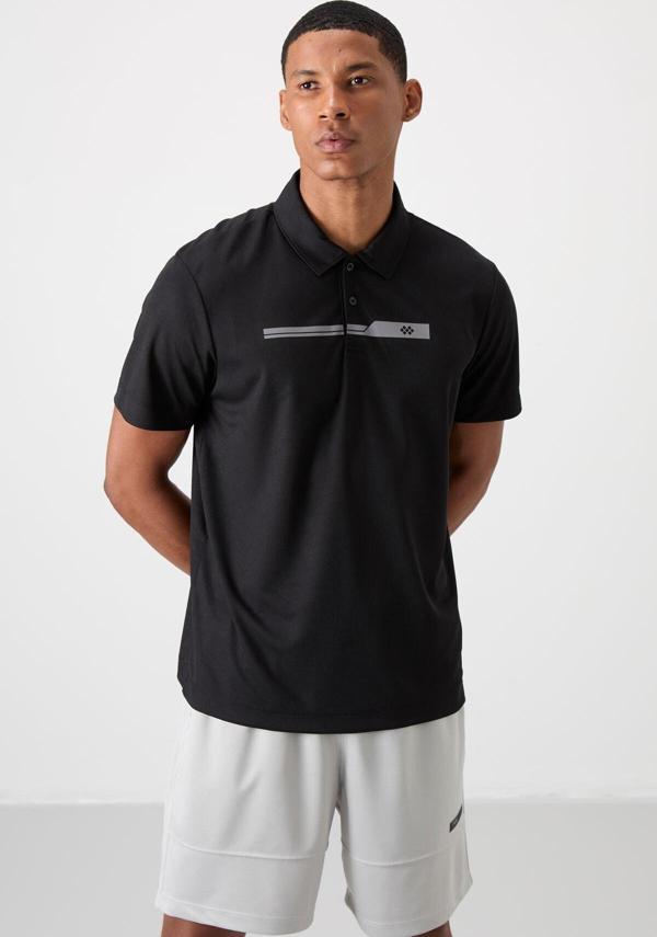 Siyah Polyester Nefes Alan Dokulu İnce Esnek Standart Fit Polo Yaka Erkek Performans T-Shirt - 88393 - Image 1