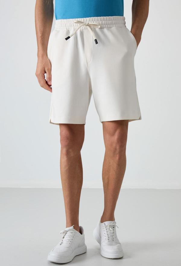 Ekru Pamuklu Kalın Yumuşak Dokulu Comfort Fit Basic Erkek Şort - 81274 - Image 1