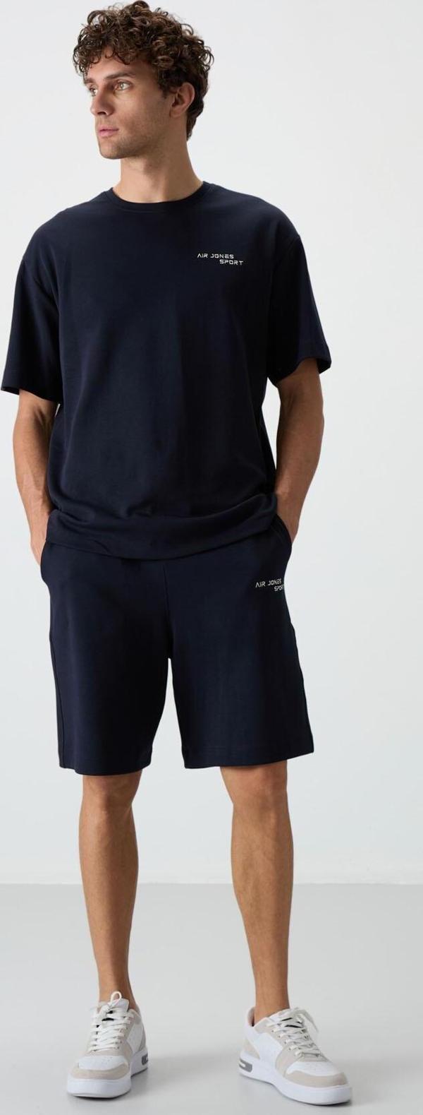 Lacivert Pamuklu Kalın Yumuşak Dokulu Oversize Fit Nakışlı Erkek Şort Takım - 85250 - Image 1