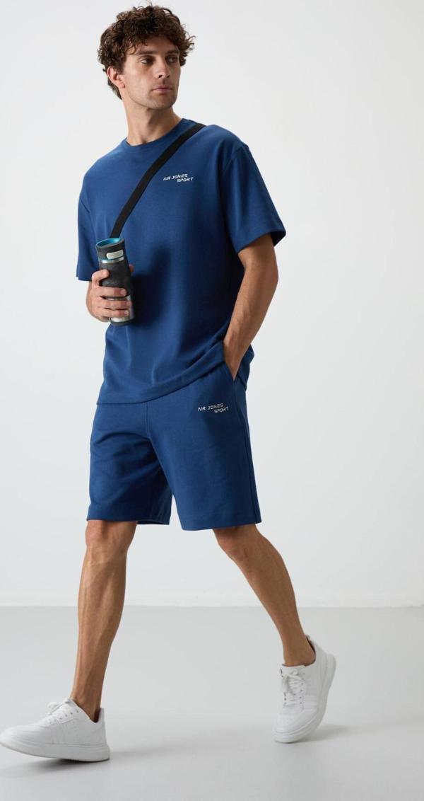 Parlament Pamuklu Kalın Yumuşak Dokulu Oversize Fit Nakışlı Erkek Şort Takım - 85250 - Image 1