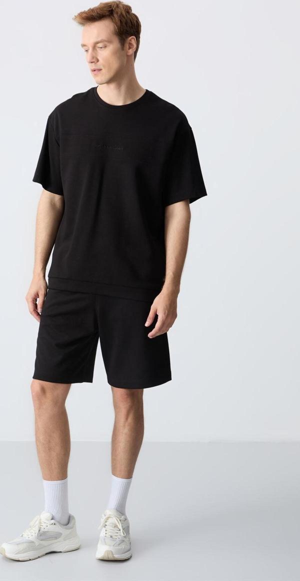Siyah Pamuklu Kalın Yumuşak Dokulu Oversize Fit Basic Erkek Şort Takım - 85257 - Image 1