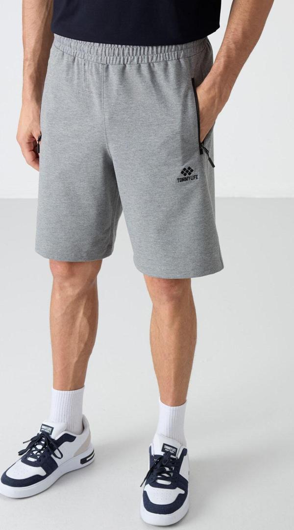 Gri Melanj Gizli Fermuar Arka Cepli Bağcıklı Standart Kalıp Erkek Şort - 81136 - Image 1