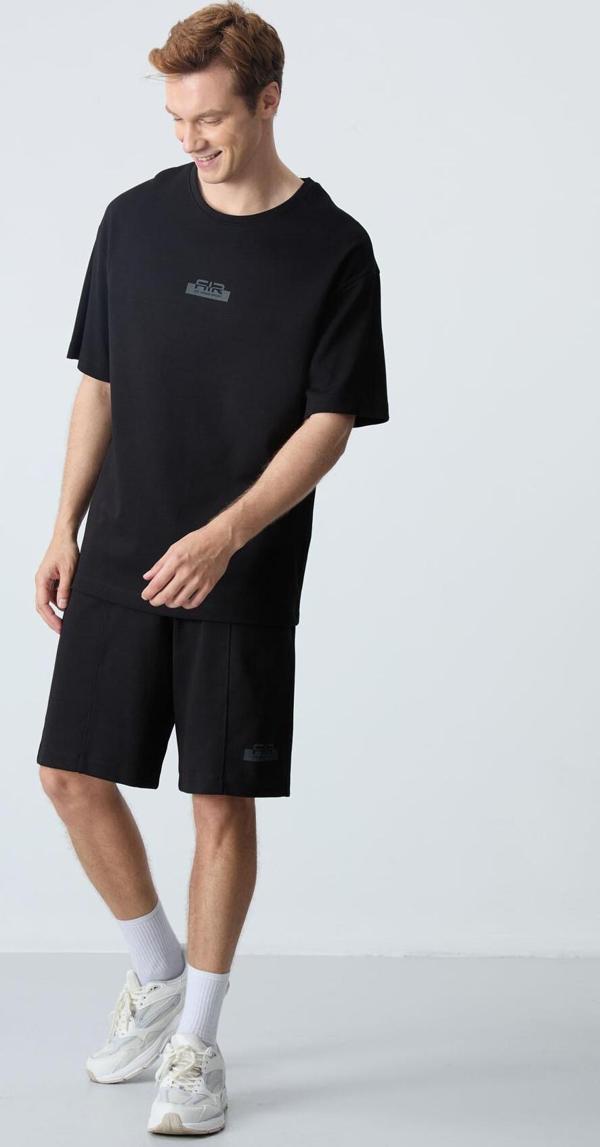 Siyah Pamuklu Kalın Yumuşak Dokulu Oversize Fit Basic Erkek Şort Takım - 85259 - Image 1