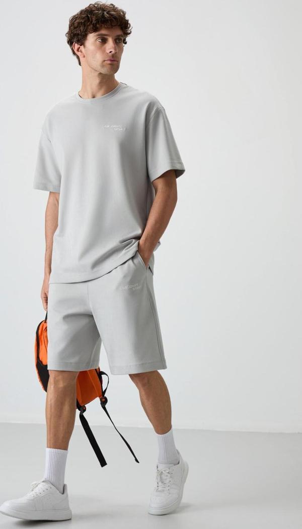 Taş Pamuklu Kalın Yumuşak Dokulu Oversize Fit Nakışlı Erkek Şort Takım - 85250 - Image 1
