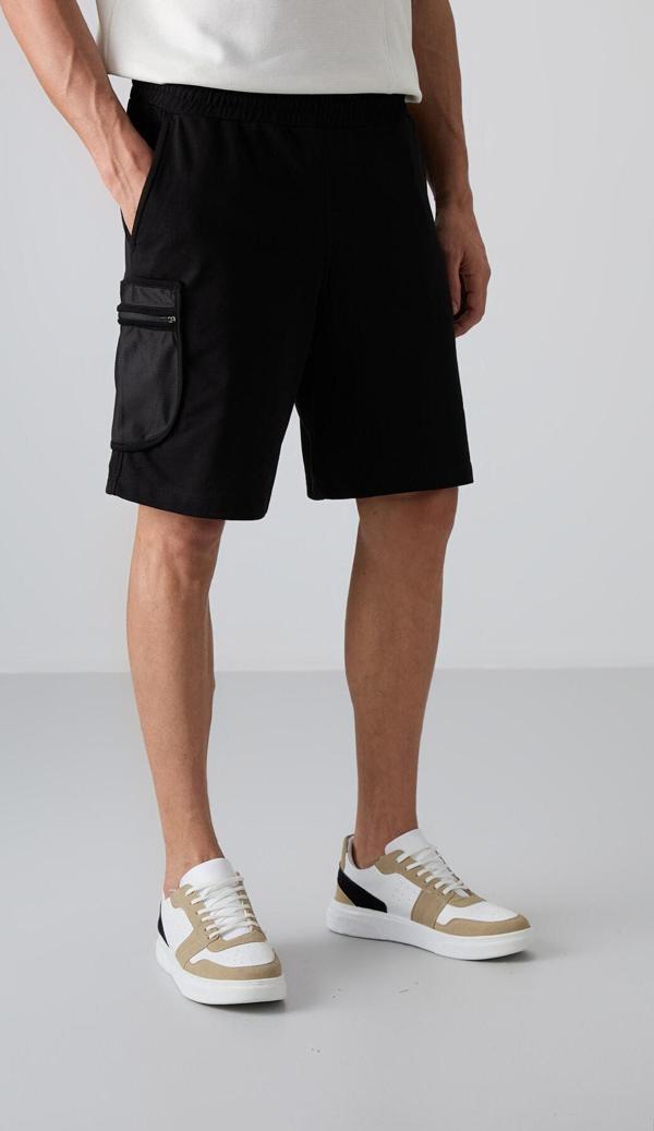 Siyah Pamuklu Kalın Yumuşak Dokulu Comfort Fit Baskılı Erkek Şort - 81266 - Image 1