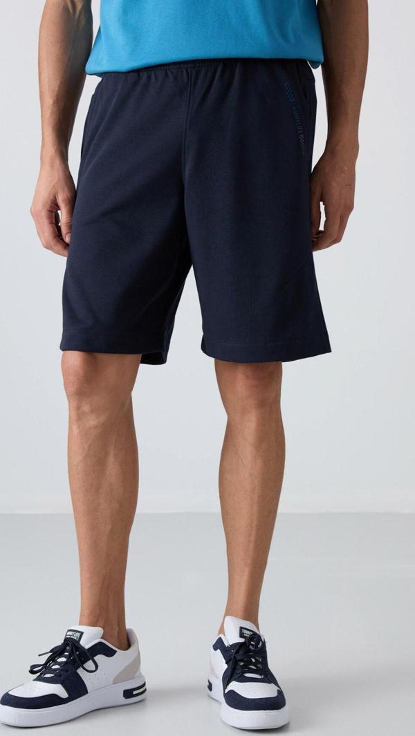 Lacivert Pamuklu Kalın Yumuşak Dokulu Comfort Fit Baskılı Erkek Şort - 81263 - Image 1