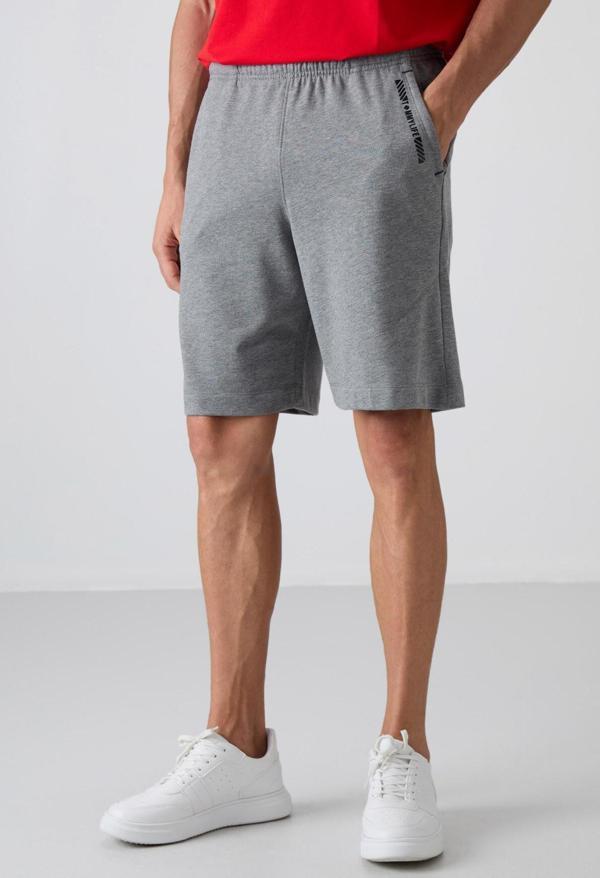 Gri Melanj Pamuklu Kalın Yumuşak Dokulu Comfort Fit Baskılı Erkek Şort - 81263 - Image 1