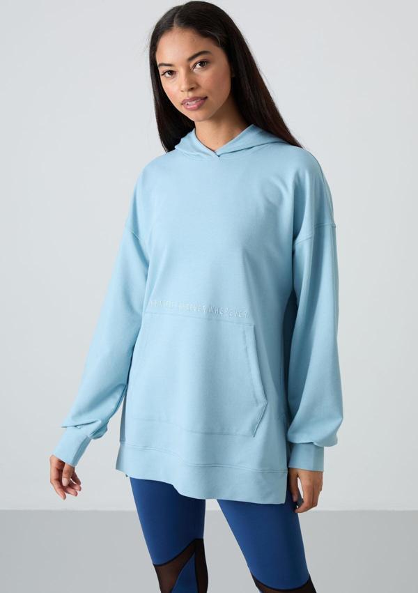 Açık Mavi Balon Kol Yazı Nakışlı Kadın Oversize Tunik Sweatshirt - 97163 - Image 1