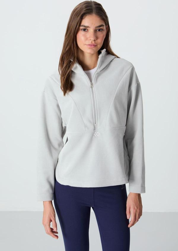 Taş Kalın Yumuşak Dokulu Kapüşonlu Oversize Nakışlı Polar Kadın Sweatshirt -97286 - Image 1