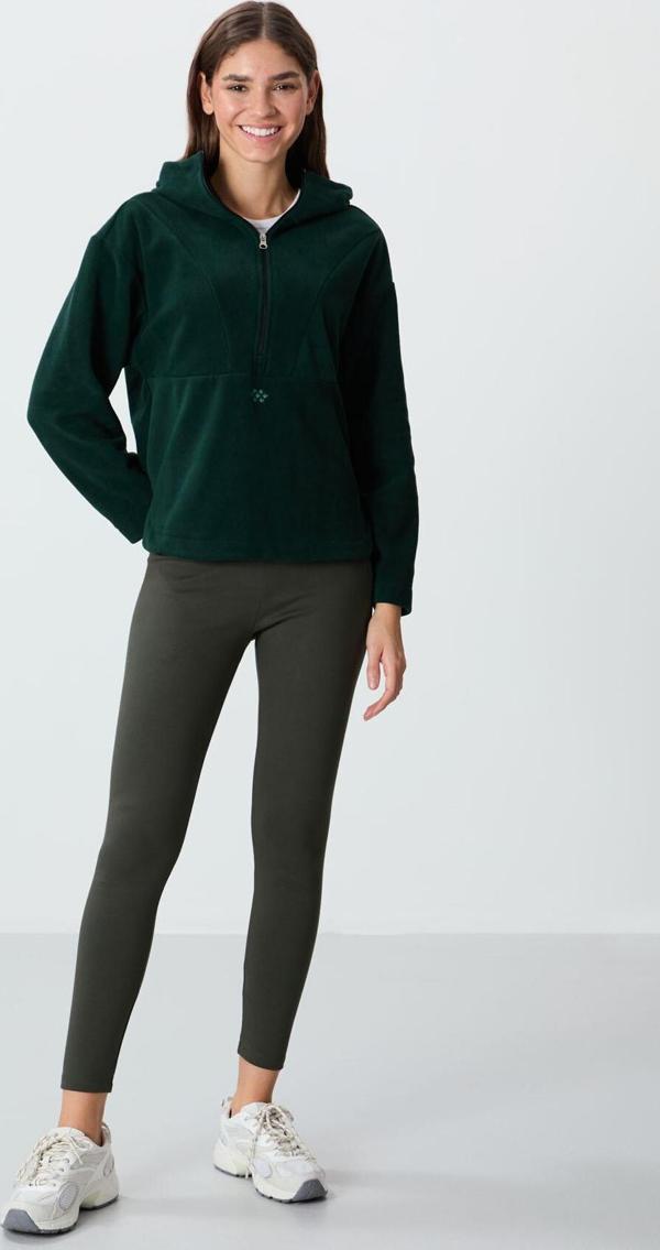 Çam Yeşili Kalın Yumuşak Dokulu Kapüşonlu Oversize Nakışlı Polar Kadın Sweatshirt -97286 - Image 1