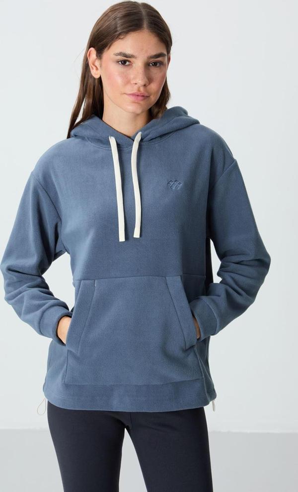 Petrol Kalın Yumuşak Dokulu Kapüşonlu Oversize Nakışlı Polar Kadın Sweatshirt - 97292 - Image 1