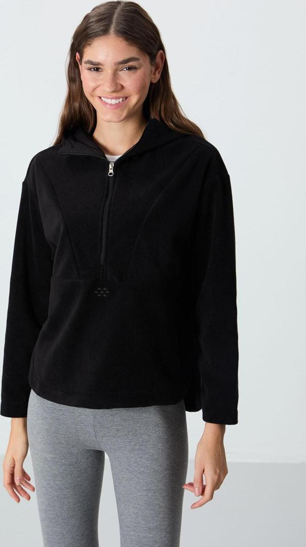 Siyah Kalın Yumuşak Dokulu Kapüşonlu Oversize Nakışlı Polar Kadın Sweatshirt -97286 - Image 1