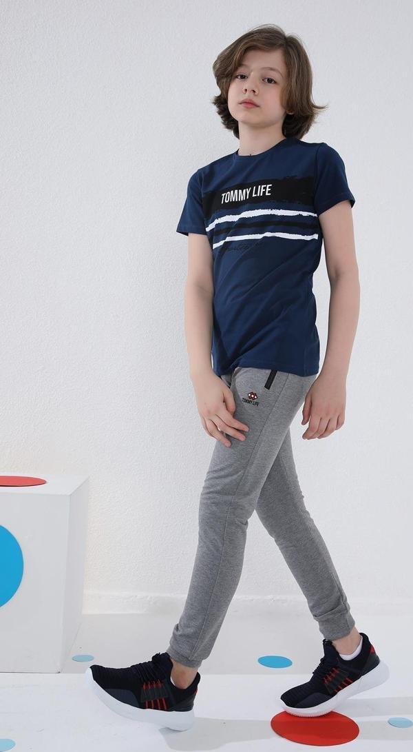 Gri Melanj Erkek Çocuk Jogger Fermuarlı Cep Standart Kalıp Manşetli Eşofman Alt - 64042 - Image 1