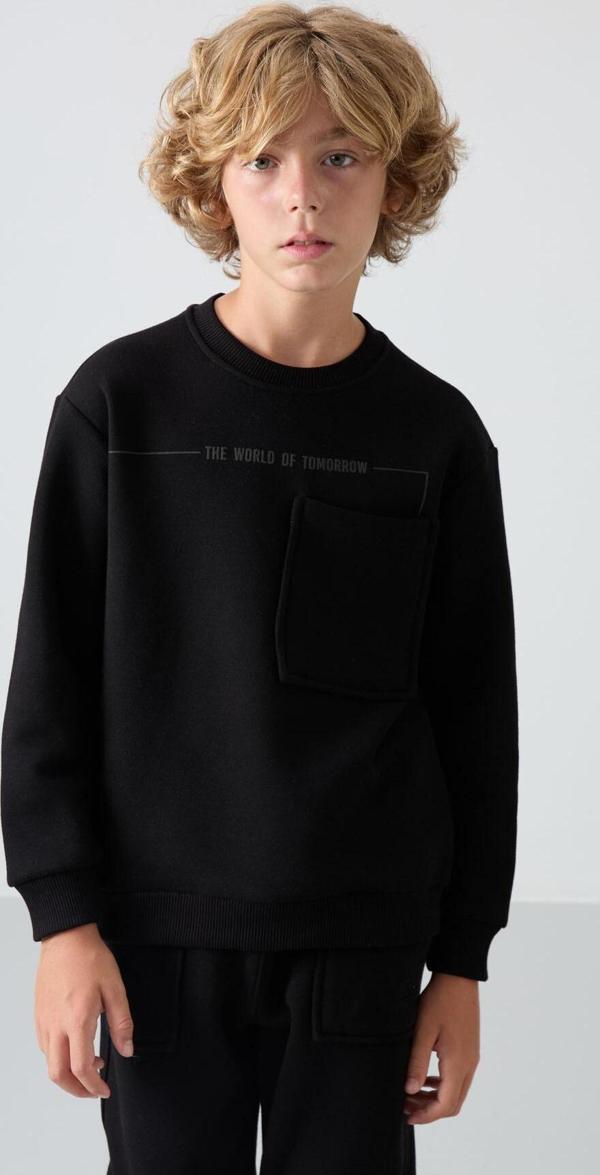 Siyah Pamuklu Kalın İçi Tüylü Yumuşak Dokulu Standart Fit Baskılı Erkek Çocuk Eşofman Takım - 11257 - Image 1