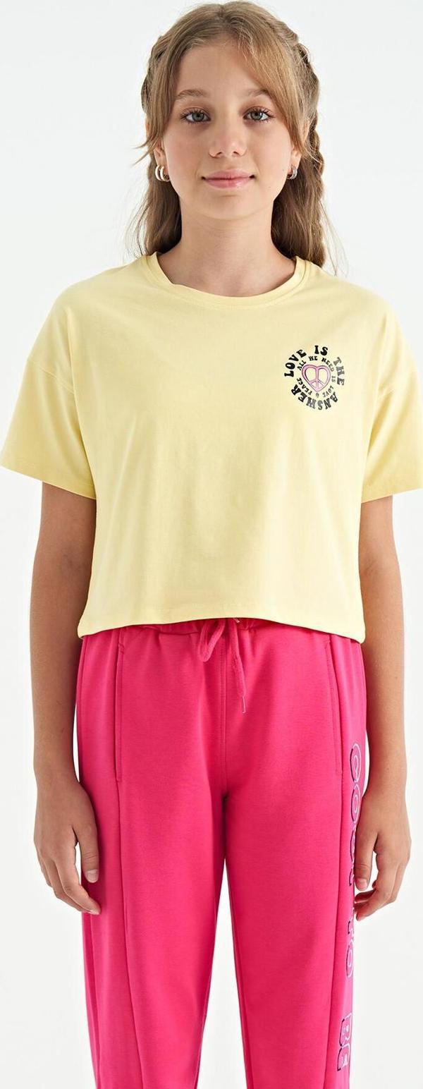 Sarı Ön Arka Baskılı O Yaka Düşük Omuz Oversize Kısa Kollu Kız Çocuk T-Shirt - 75126 - Image 1