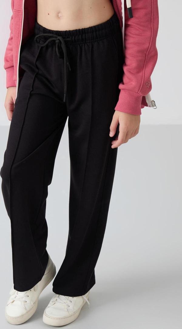 Siyah Cepli Ön Dikiş Detaylı Geniş Paça Kız Çocuk Eşofman Altı -75144 - Image 1