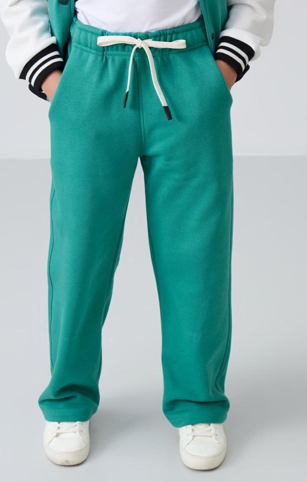 Deniz Yeşil Pamuklu İçi Tüylü Yumuşak Dokulu Standart Fit Nakışlı Kız Çocuk Eşofman Alt - 75146 - Image 1