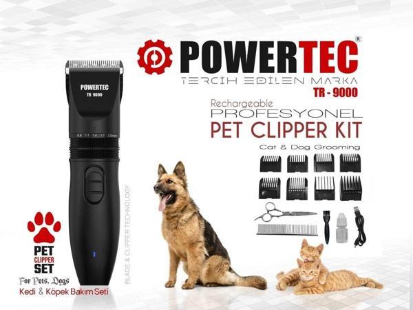 Powertec TR-9000 Kedi Köpek Tıraş Makinesi Seti Pet Evcil Hayvan Tüy Kesme (Makas ve Metal Tarak Hediyeli) - Image 1