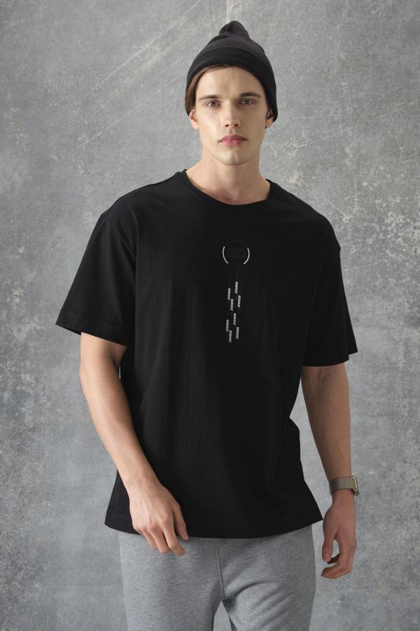 Siyah %100 Pamuk Kalın Yumuşak Dokulu Oversize Fit Baskılı Erkek T-Shirt - 88355 - Image 1