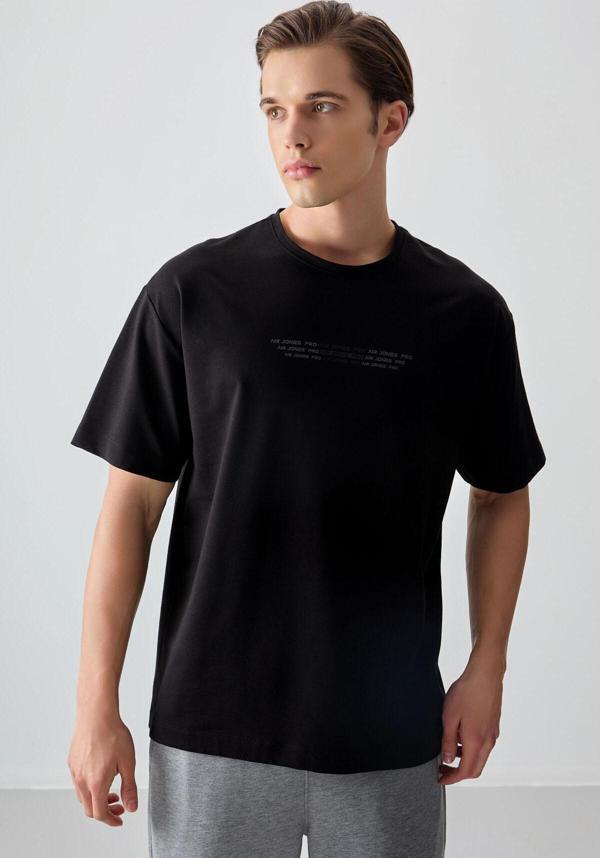 Siyah Pamuklu Kalın Yumuşak Dokulu Oversize Fit Baskılı Erkek T-Shirt - 88374 - Image 1