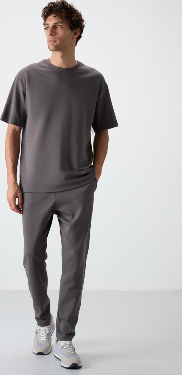 Koyu Gri Pamuklu Kalın Yumuşak Dokulu Oversize Fit Basic Erkek Eşofman Takım - 85251 - Image 1