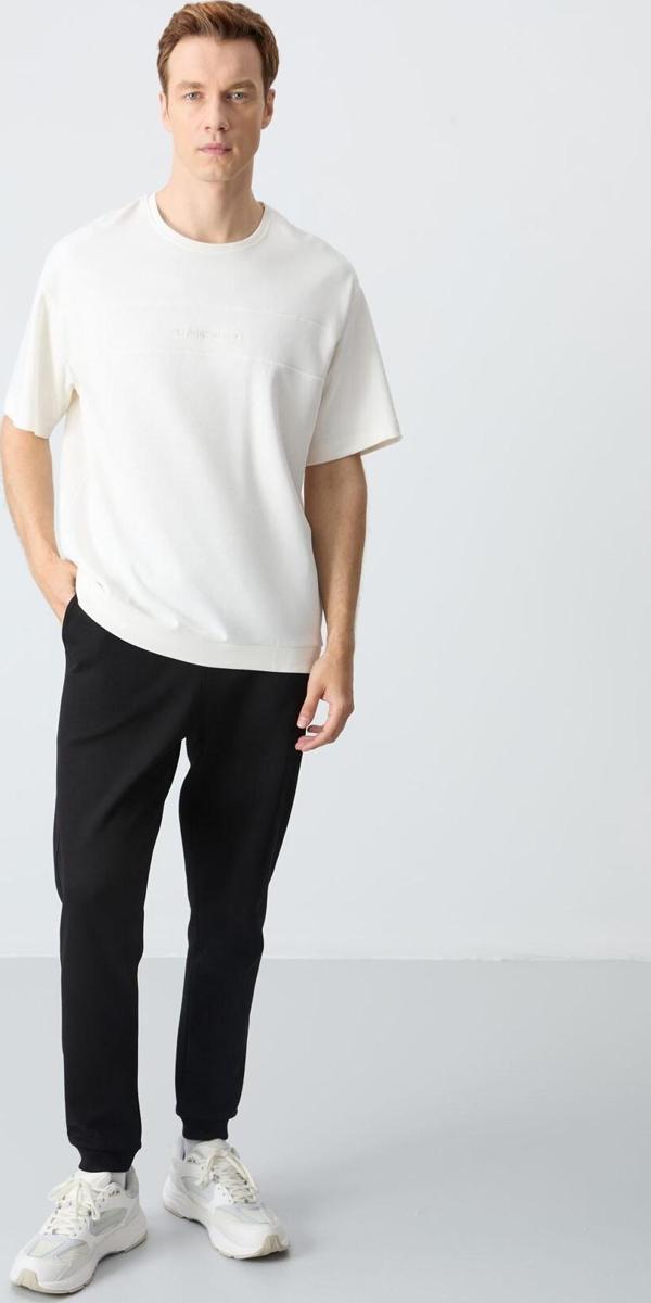 Ekru Siyah Pamuklu Kalın Yumuşak Dokulu Oversize Fit Basic Erkek Eşofman Takım - 85261 - Image 1