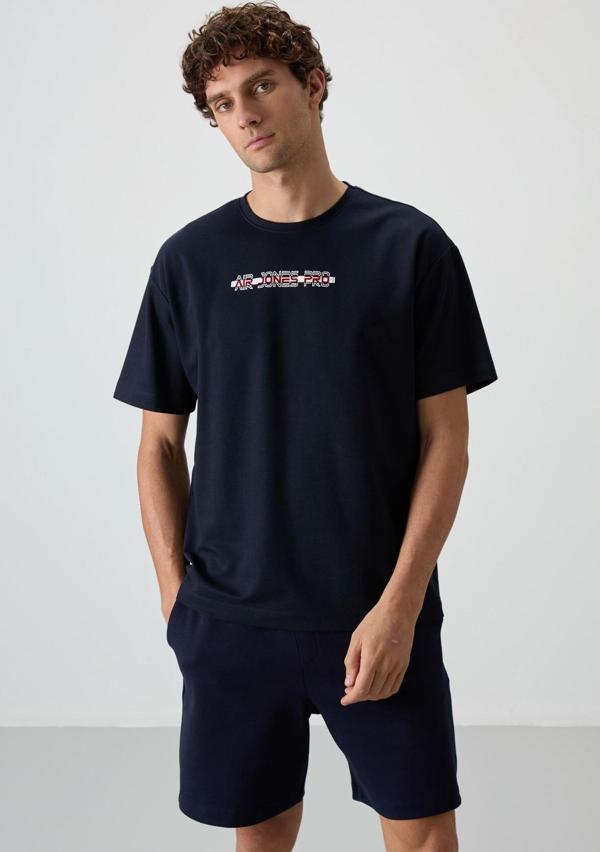 Lacivert Pamuklu Kalın Yüzeyi Dokulu Oversize Fit  Baskılı Erkek T-Shirt - 88365 - Image 1