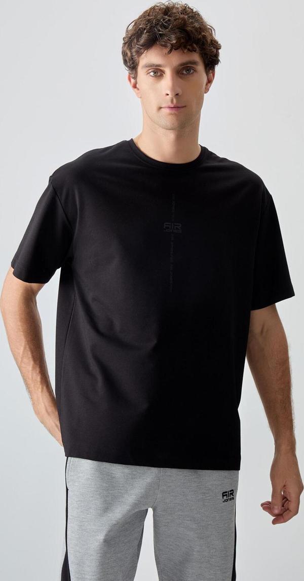 Siyah Pamuklu Kalın Yumuşak Dokulu Oversize Fit Baskılı Erkek T-Shirt - 88373 - Image 1
