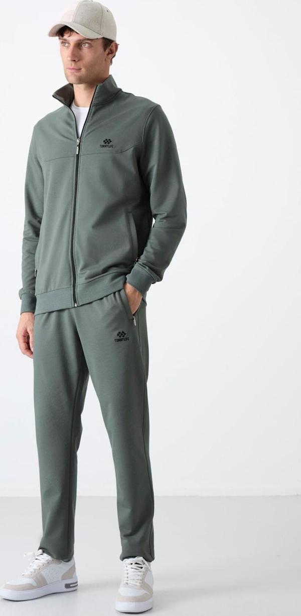 Haki Dik Yaka Fermuarlı Rahat Form Klasik Paça Erkek Eşofman Takım - 85072 - Image 1