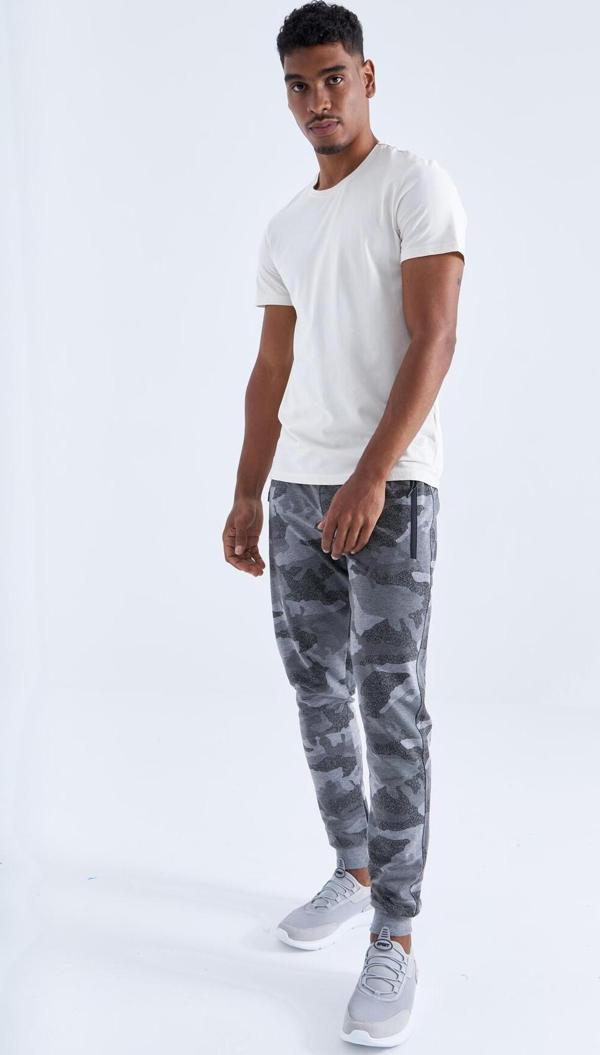 Gri Melanj Kamuflaj Desenli Dar Kalıp  Jogger Erkek Eşofman Alt - 84754 - Image 1
