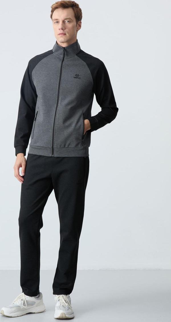 Antrasit - Siyah  Dik Yaka Çift Renk Rahat Form Klasik Paça Erkek Eşofman Takımı - 85113 - Image 1