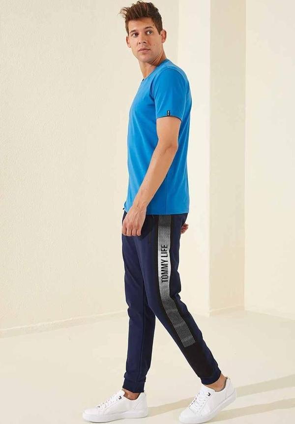 İndigo Fermuar Cepli Baskılı Standart Kalıp Jogger Erkek Eşofman Alt - 84657 - Image 1