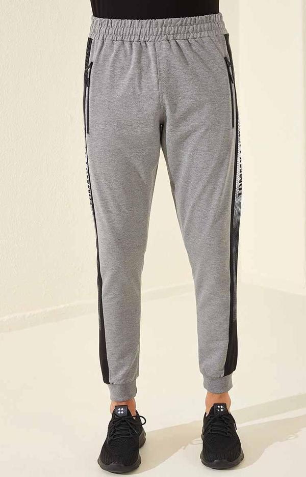 Gri Melanj Fermuar Cepli Baskılı Standart Kalıp Jogger Erkek Eşofman Alt - 84657 - Image 1