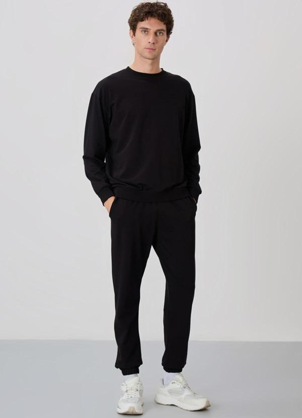 Siyah Casual O Yaka Lastik Paça Pamuklu Erkek Oversize Eşofman Takımı - 85120 - Image 1