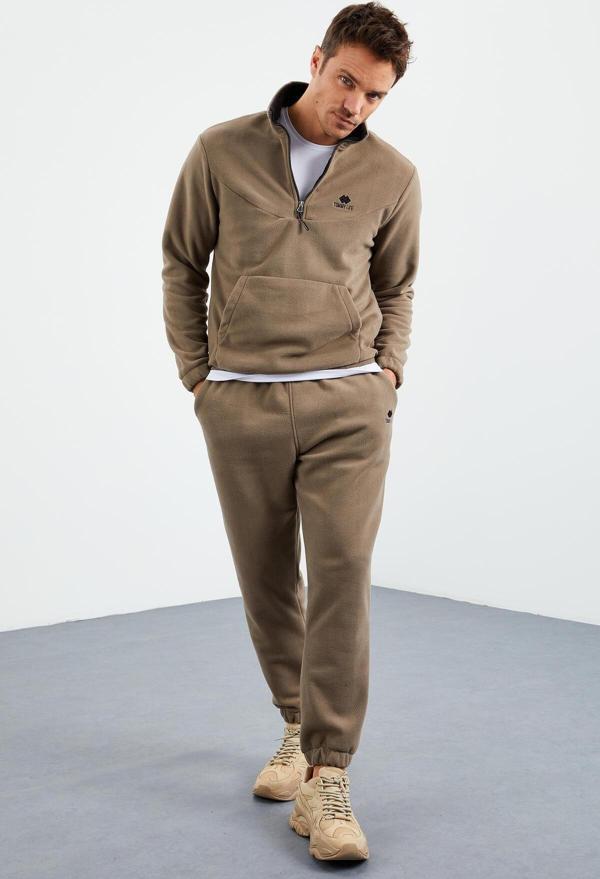 Camel Yarım Fermuar Dik Yaka Lastik Paça Polar Erkek Eşofman Takımı - 85159 - Image 1