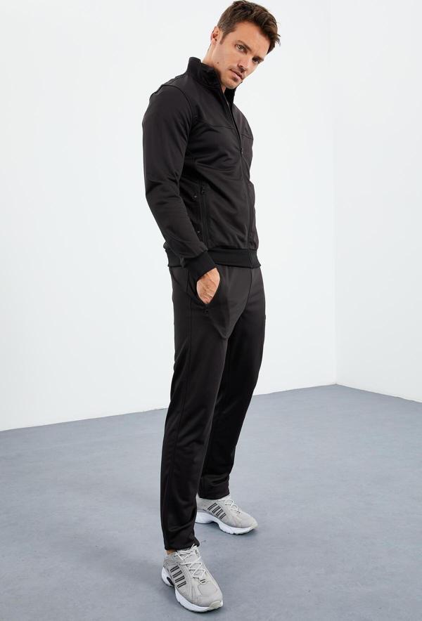 Siyah Dik Yaka Fermuarlı Standart Kalıp Klasik Paça Erkek Eşofman Takımı  - 85162 - Image 1