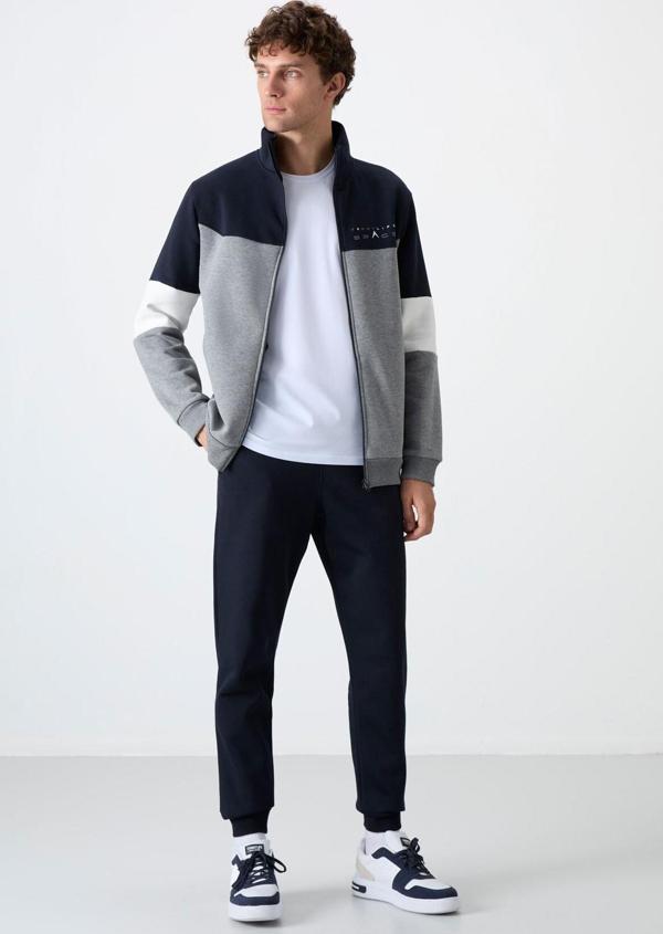 Gri Melanj - Lacivert Dik Yaka  Renk Geçişli İçi Polarlı Erkek Eşofman Takımı  - 85186 - Image 1