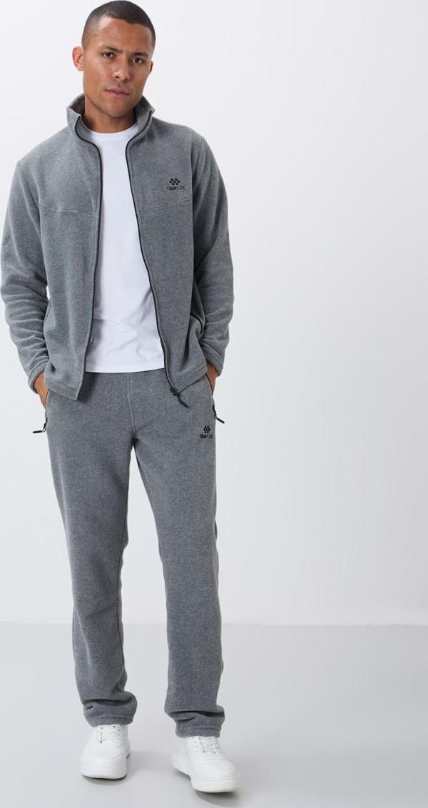 Gri Melanj Dik Yaka Basic Fermuar Cepli Standart Kalıp Erkek Polar Eşofman Takımı - 85193 - Image 1