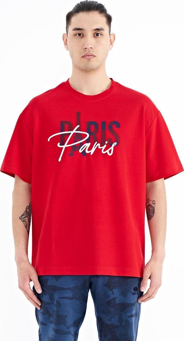 Kırmızı Yazı Nakışlı O Yaka Oversize Erkek T-Shirt - 88223 - Image 1
