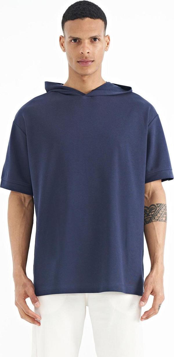 İndigo Kapüşonlu Kol Etiket Detaylı Oversize Erkek T-shirt - 88179 - Image 1